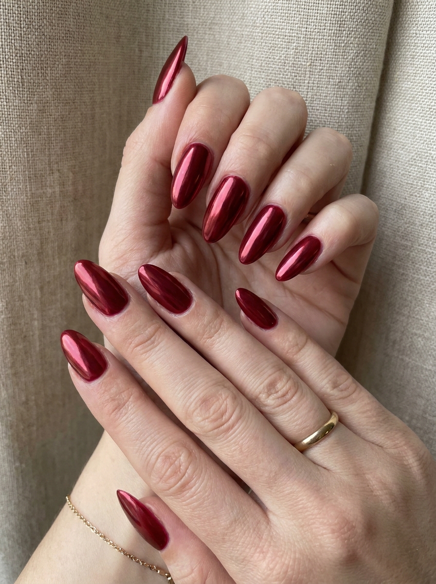 Dunkelrote Chrome Mandelnägel mit elegantem Schimmer